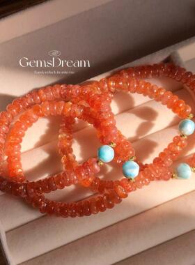 天然水晶爆闪橙红金太阳石配海纹石 算盘珠手串招财 自信高能场量