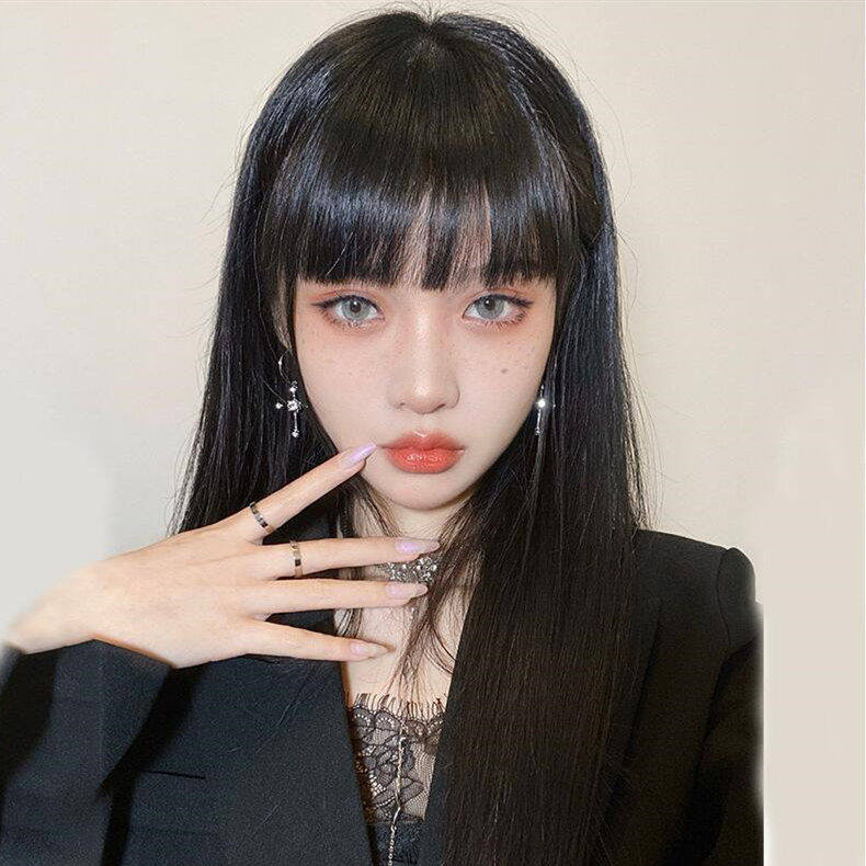 网红假发女漫画刘海长直发lisa修脸黑色齐腰长发自然逼真全头套式