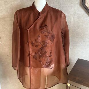 上衣欧根纱刺绣复古长款 新中式 家 中国风斜襟重工夏季 沐衫