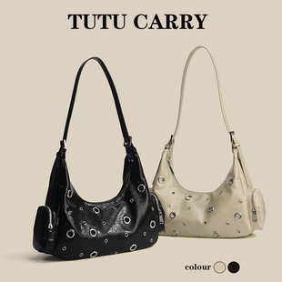 都市女士上班通勤手提斜跨包包 2026高级感铆钉金属孔眼单肩包时尚