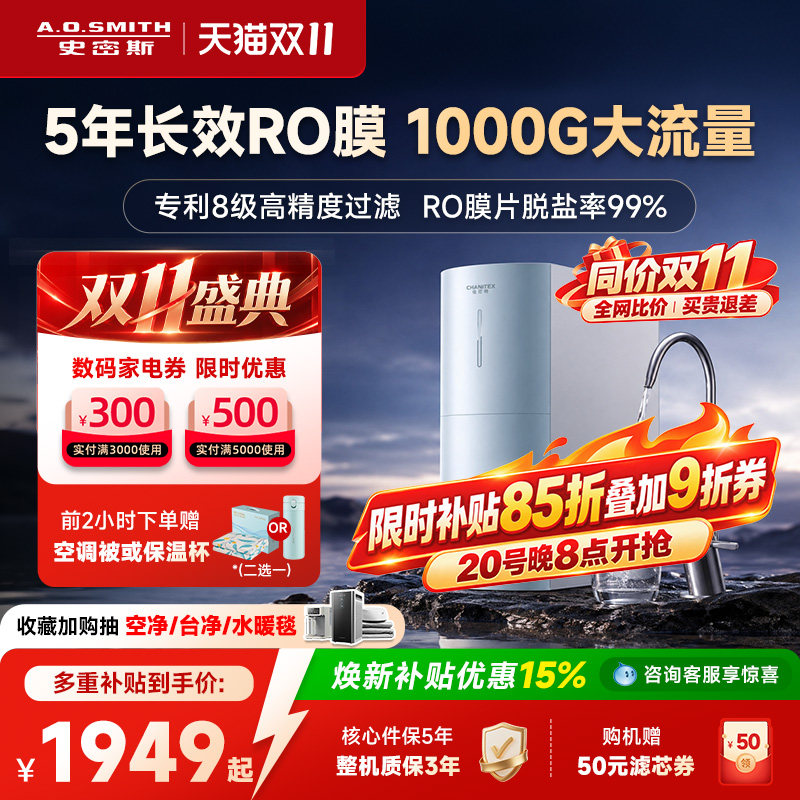 【性价比优选】A.O.史密斯佳尼特反渗透RO家用直饮净水器2500BM1
