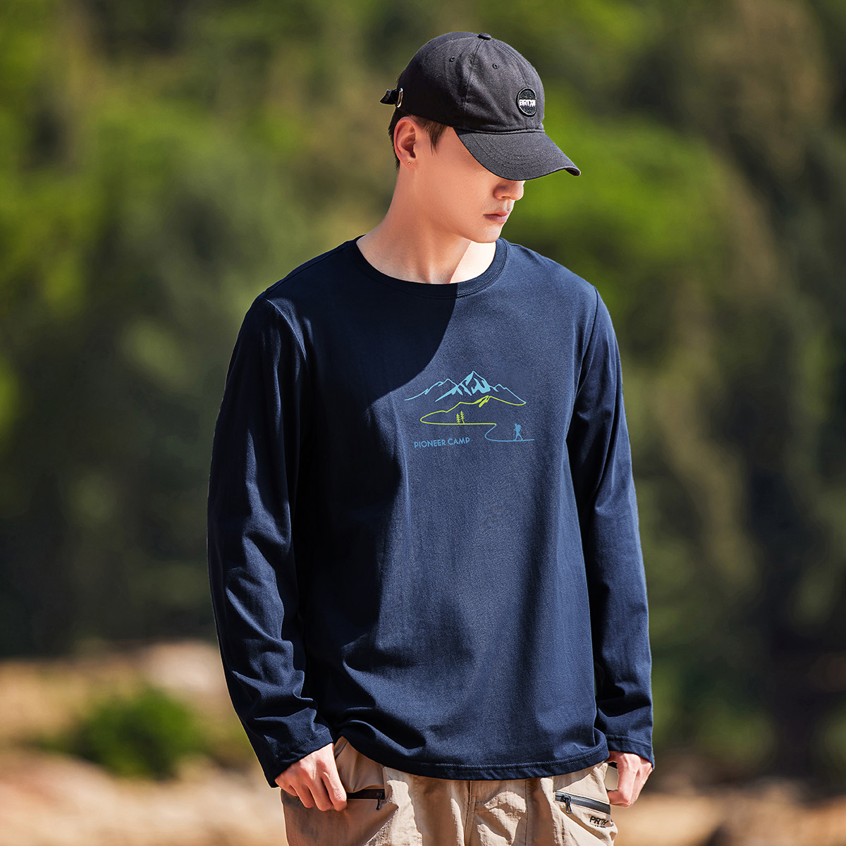 拓路者【100%棉】秋季纯棉印花圆领男户外运动体恤衫长袖套头衫