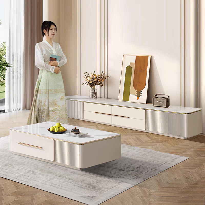 实木岩板电视柜茶几组合现代简约客厅家用小户型轻奢烤漆电视机柜