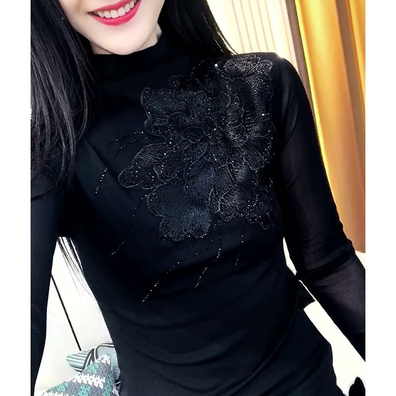 欧洲站半高领打底衫女春夏2026新款网纱长袖t恤洋气修身内搭上衣