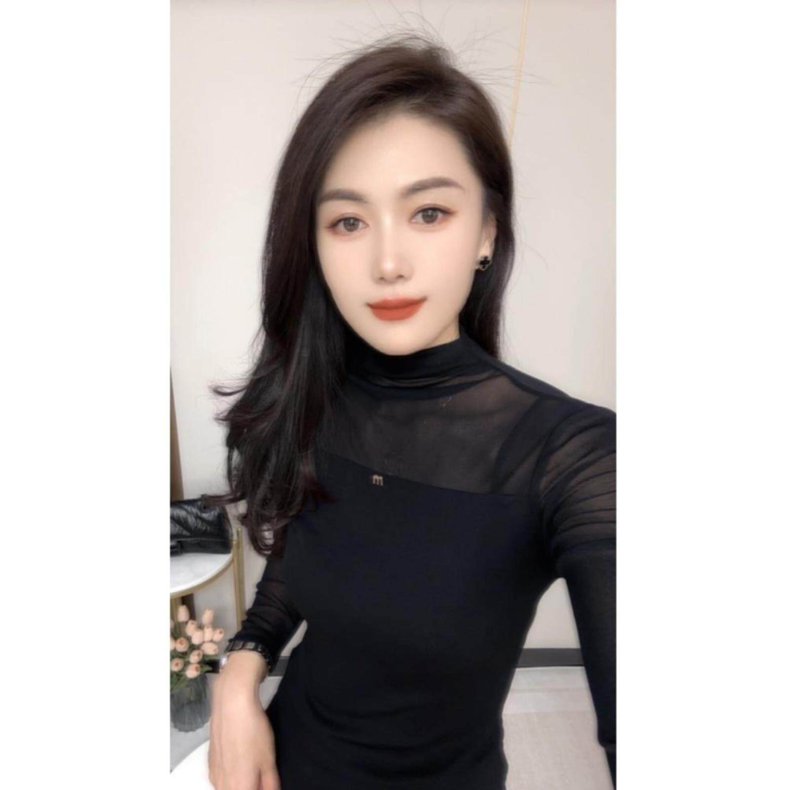 性感网纱半高领露肩打底T恤女