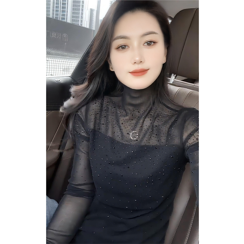 重工烫钻半高领网纱拼接T恤