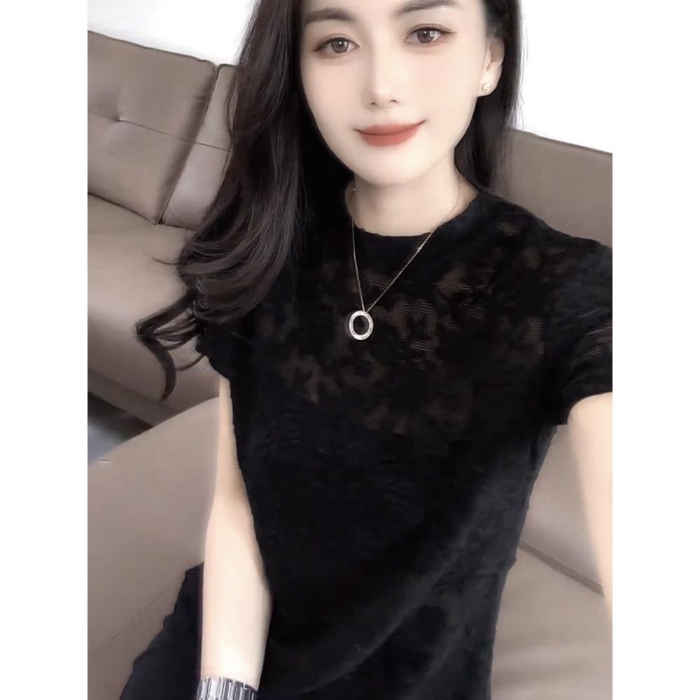 微透提花网纱蕾丝短袖T恤女2025夏季新款时尚洋气薄款高级感上衣