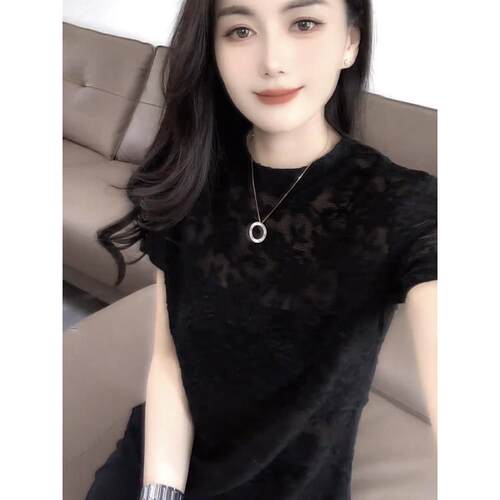 微透提花网纱蕾丝短袖T恤女