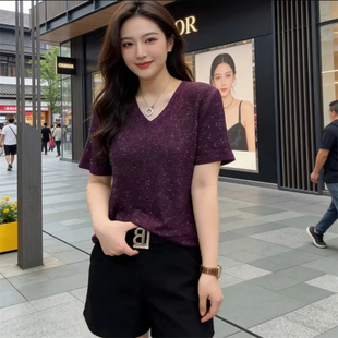 2026春夏最新款重工烫钻V领短袖T恤打底小衫女显瘦百搭修身上衣亮