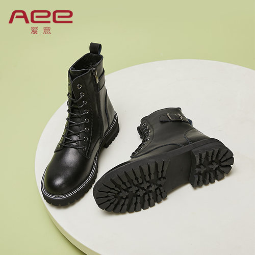 AeeINS潮牛皮中跟侧拉链马丁靴