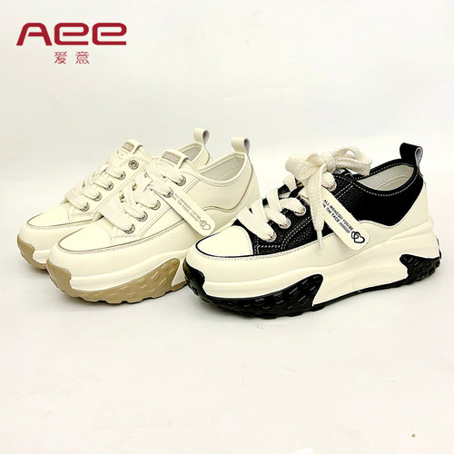 Aee/爱意2024春新款时尚舒服老爹鞋牛皮中跟厚底休闲鞋百搭单鞋女