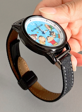 适用三福动漫小新卡通手表牛仔细款皮革折叠磁吸表带18mm新款20mm
