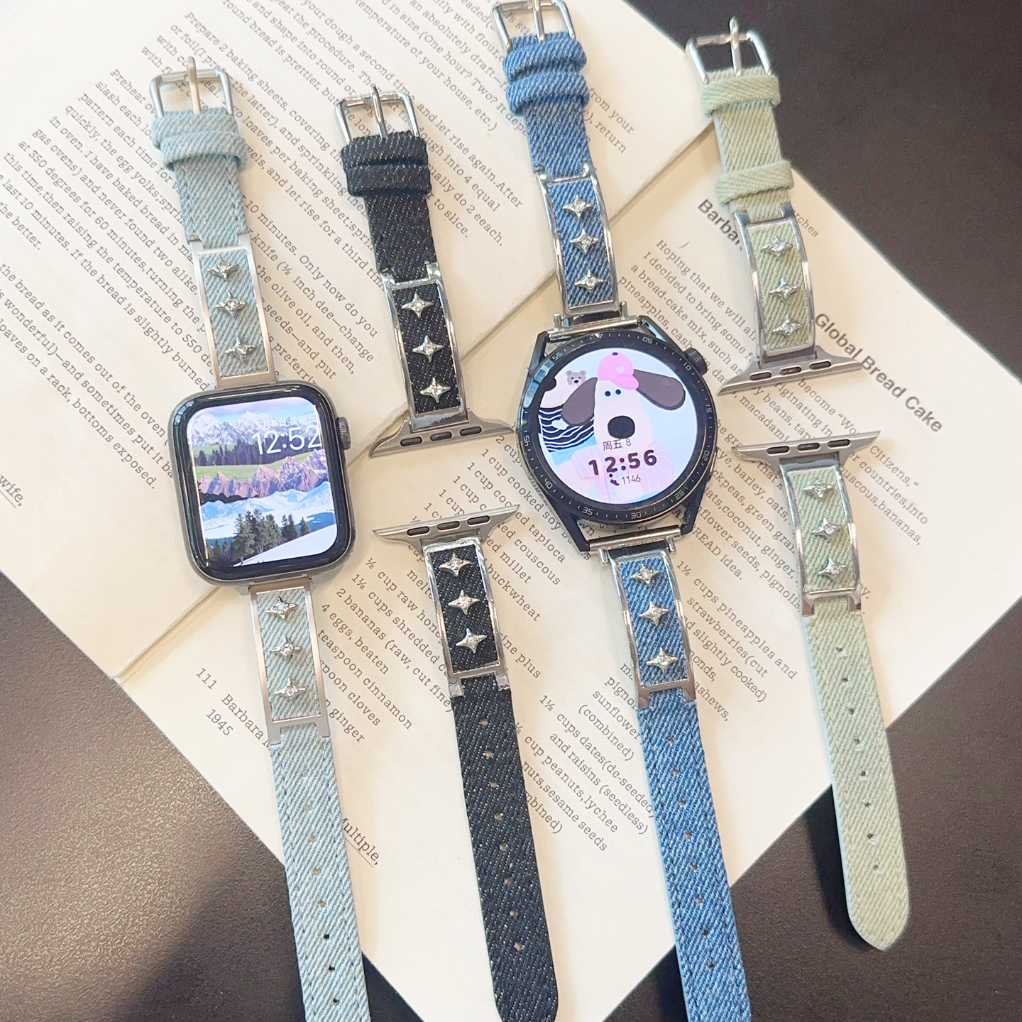 星芒十字牛仔皮革GT5适用华为GT6手表watch4表带SE苹果11小米9pro