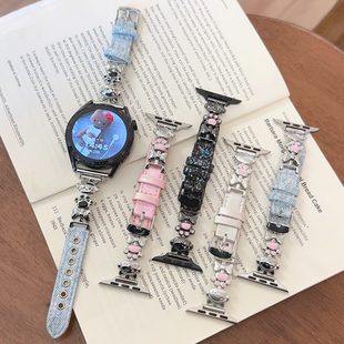 音乐猫咪牛仔皮革细款GT6适用华为GT4手表watch5表带苹果S11小米9