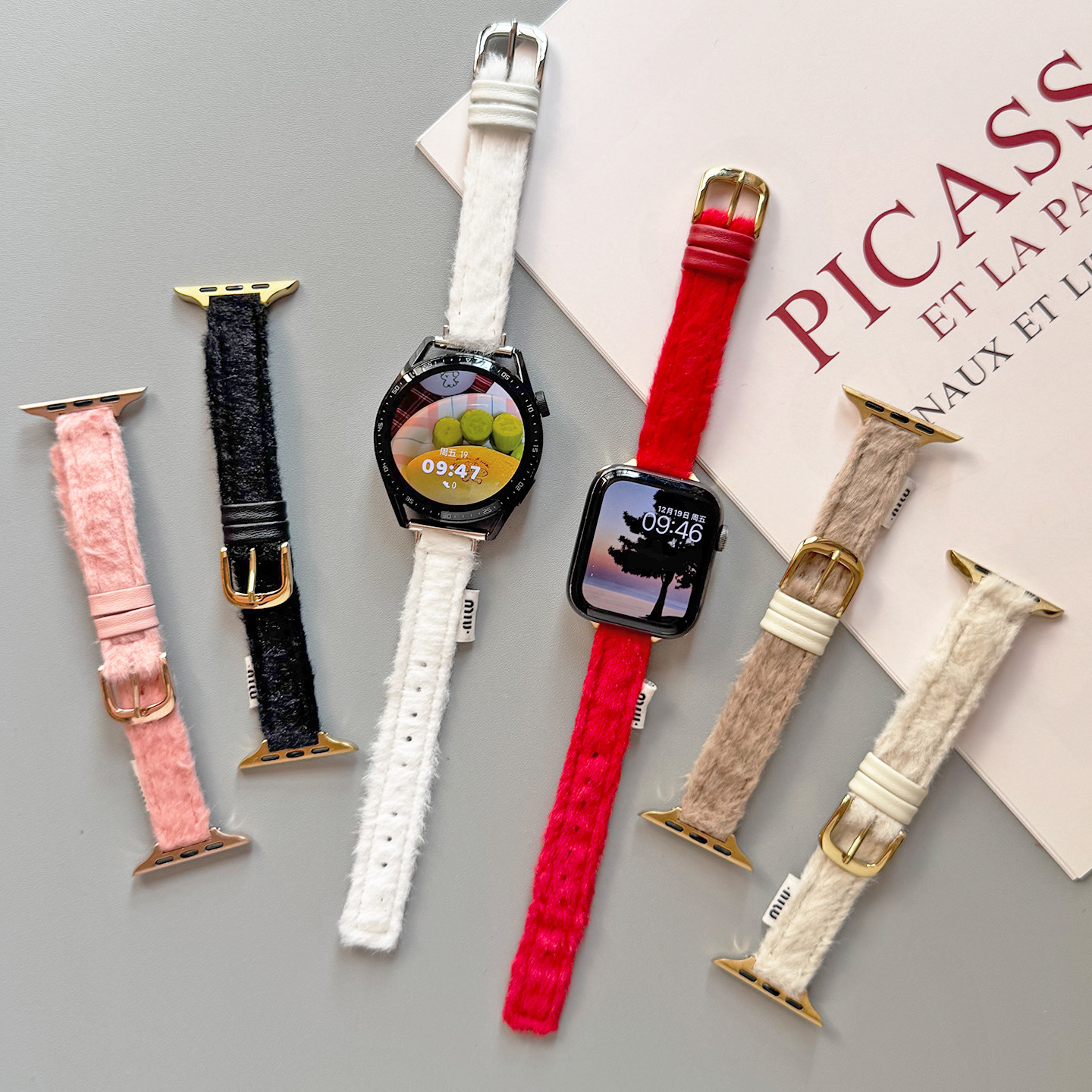 秋冬毛绒皮革小蛮腰GT5适用华为GT6手表watch4pro表带小米苹果S11