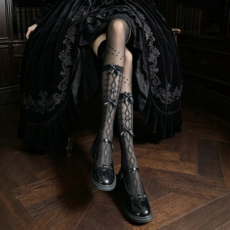 Lolita暗黑菱格蝴蝶结过膝袜女波点半透长筒丝袜日系JK复古提花袜