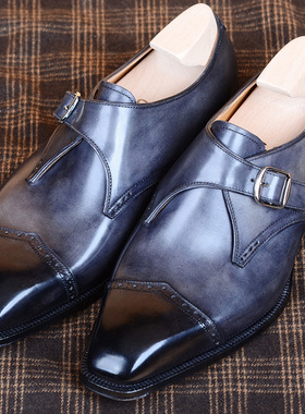 JIMJUN 窄方 灰色擦色 单扣孟克MONK  商务正装手工定制皮底男鞋
