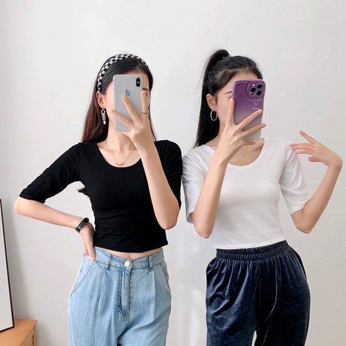 五分袖韩版露脐纯棉女