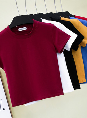 半高领短袖露脐t恤女夏装紧身漏肚脐打底衫短款高腰纯色运动上衣