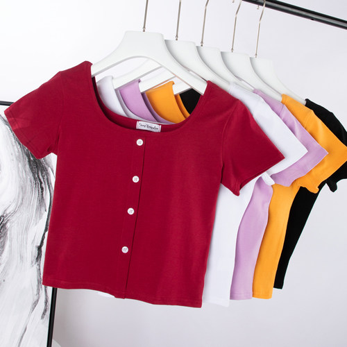 韩版新款纯棉短款短袖露脐t恤女