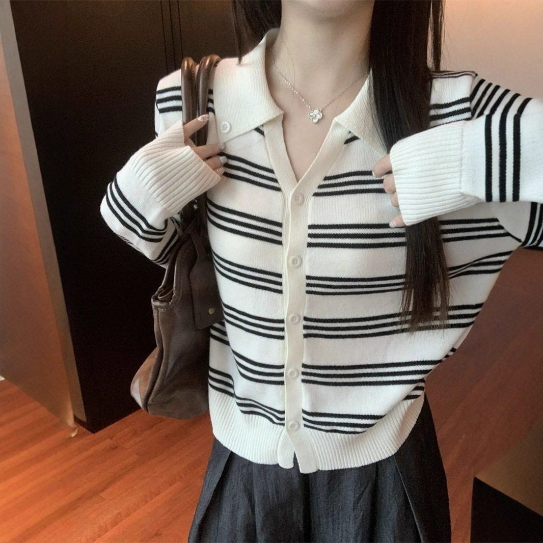 韩系条纹长袖开衫毛衣女春秋2025新款秋冬慵懒风显瘦针织外套上衣