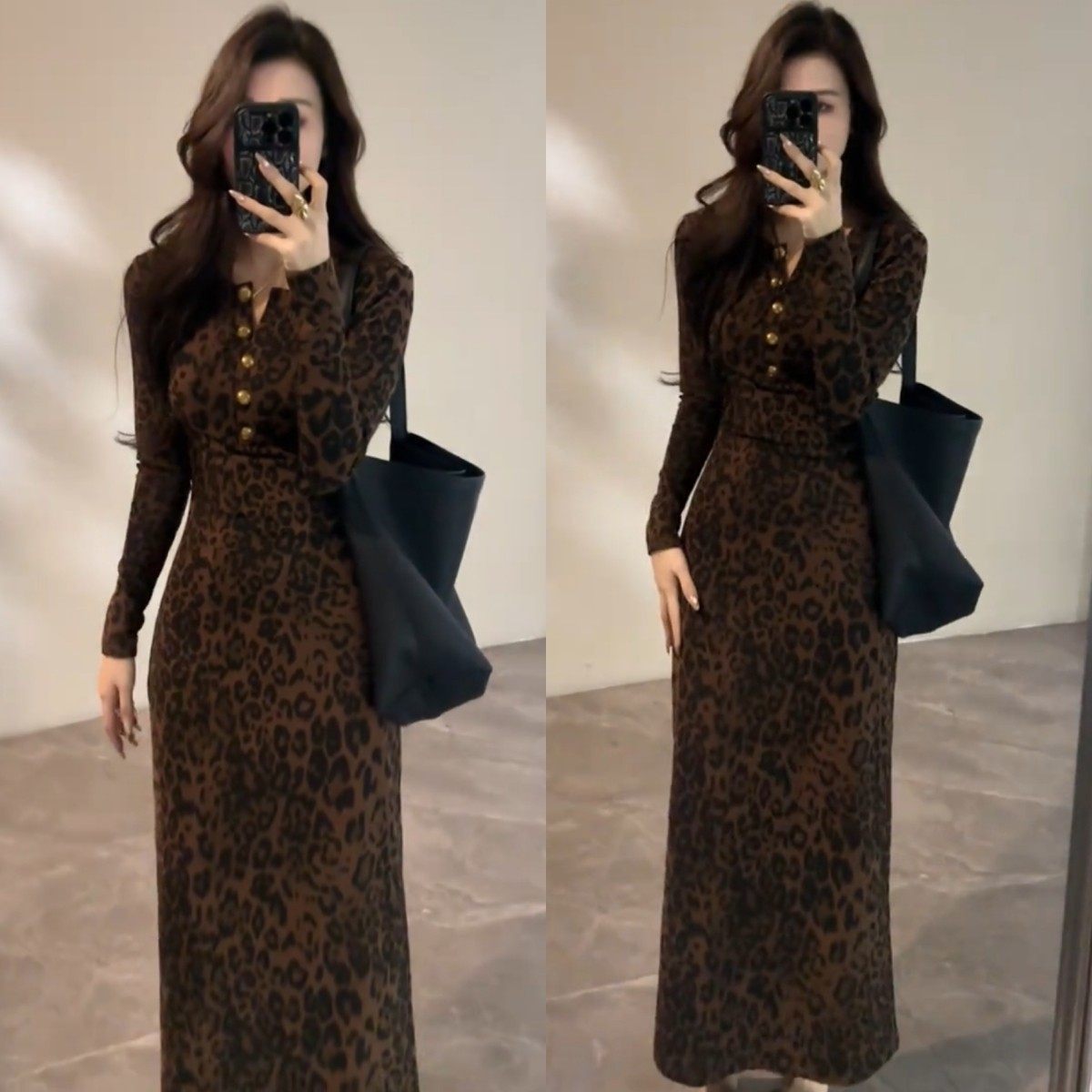 欧货复古豹纹金属扣显瘦加厚连衣裙女秋冬新款洋气百搭打底裙长裙,女装/女士精品,连衣裙,淘宝优惠券,粉丝福利购,淘宝优惠卷