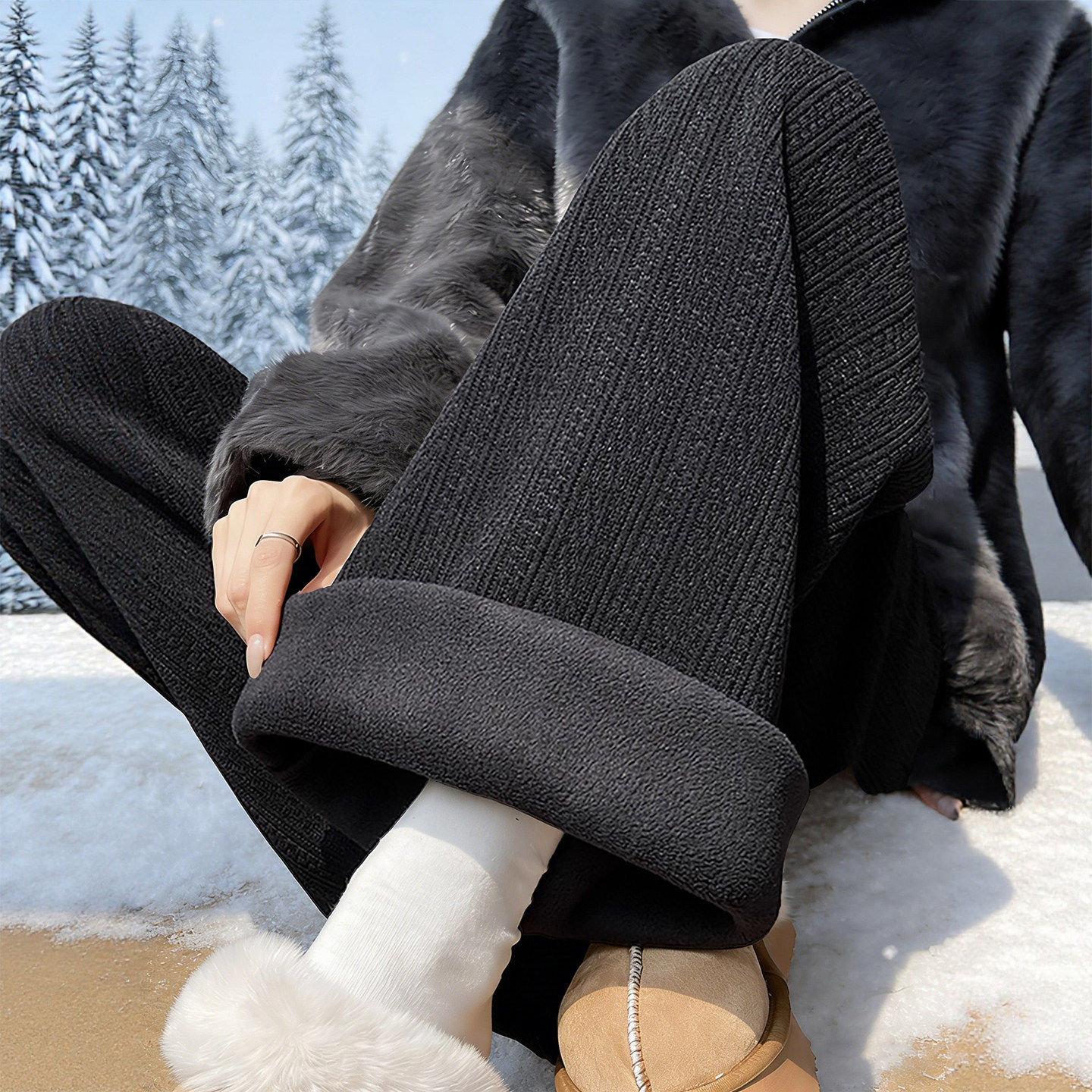 加厚灯芯绒阔腿裤女冬季加绒保暖棉裤外穿小个子黑色雪尼尔直筒裤