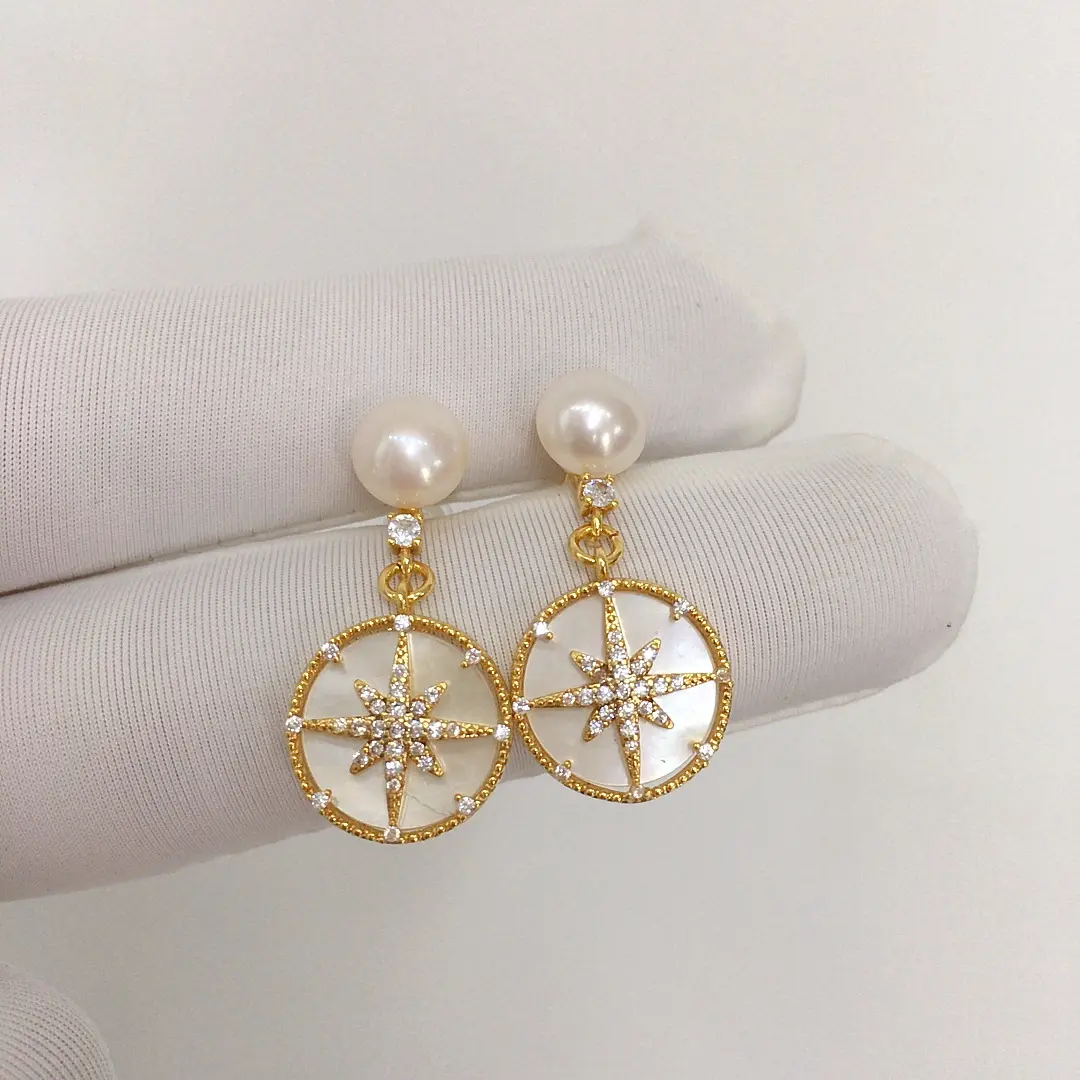诸暨天然淡水珍珠耳钉女六芒星微镶锆石珍珠耳环天然海贝贝母耳饰