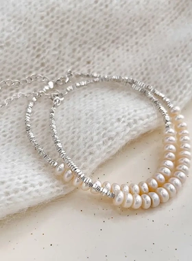 s925纯银天然淡水珍珠碎银子手链女ins风博主网红同款手饰品