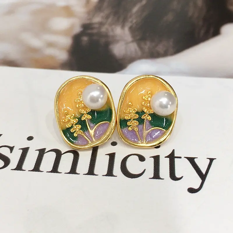 诸暨天然淡水珍珠耳钉女彩绘中古风复古珍珠耳环18K包金保色耳饰