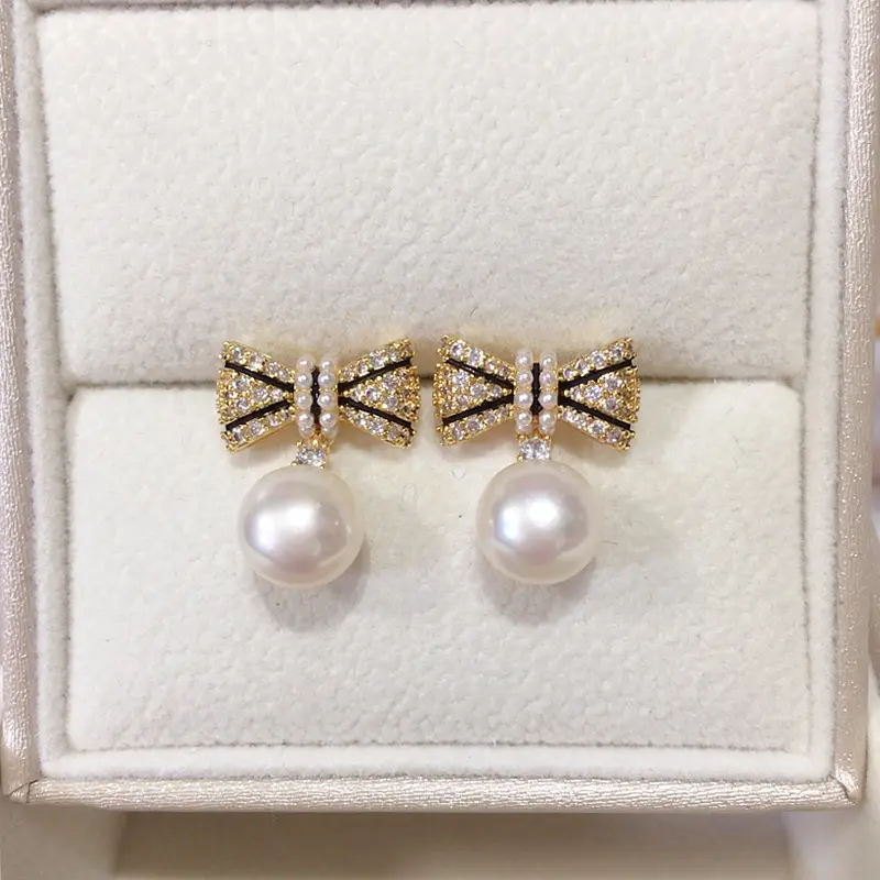 韩版天然淡水珍珠耳环女18K包金轻奢高级微镶锆石蝴蝶结珍珠耳钉