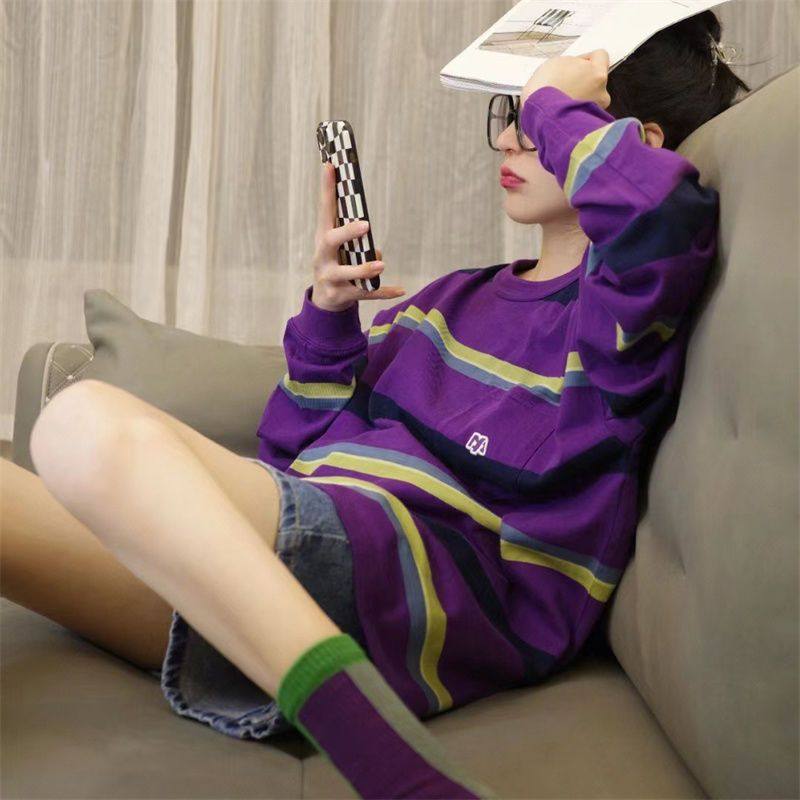 紫色条纹圆领卫衣女oversi卫衣/绒衫