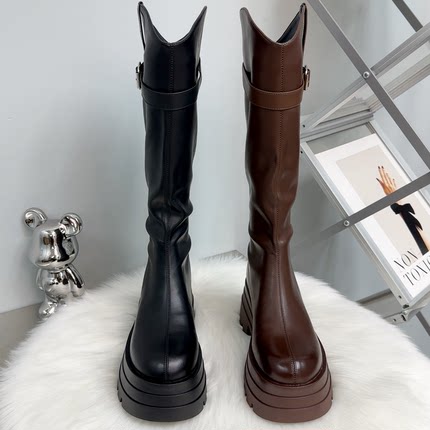 增高7厘米长筒靴女2025年秋冬弹力长靴厚底加肥大码骑士靴英伦风