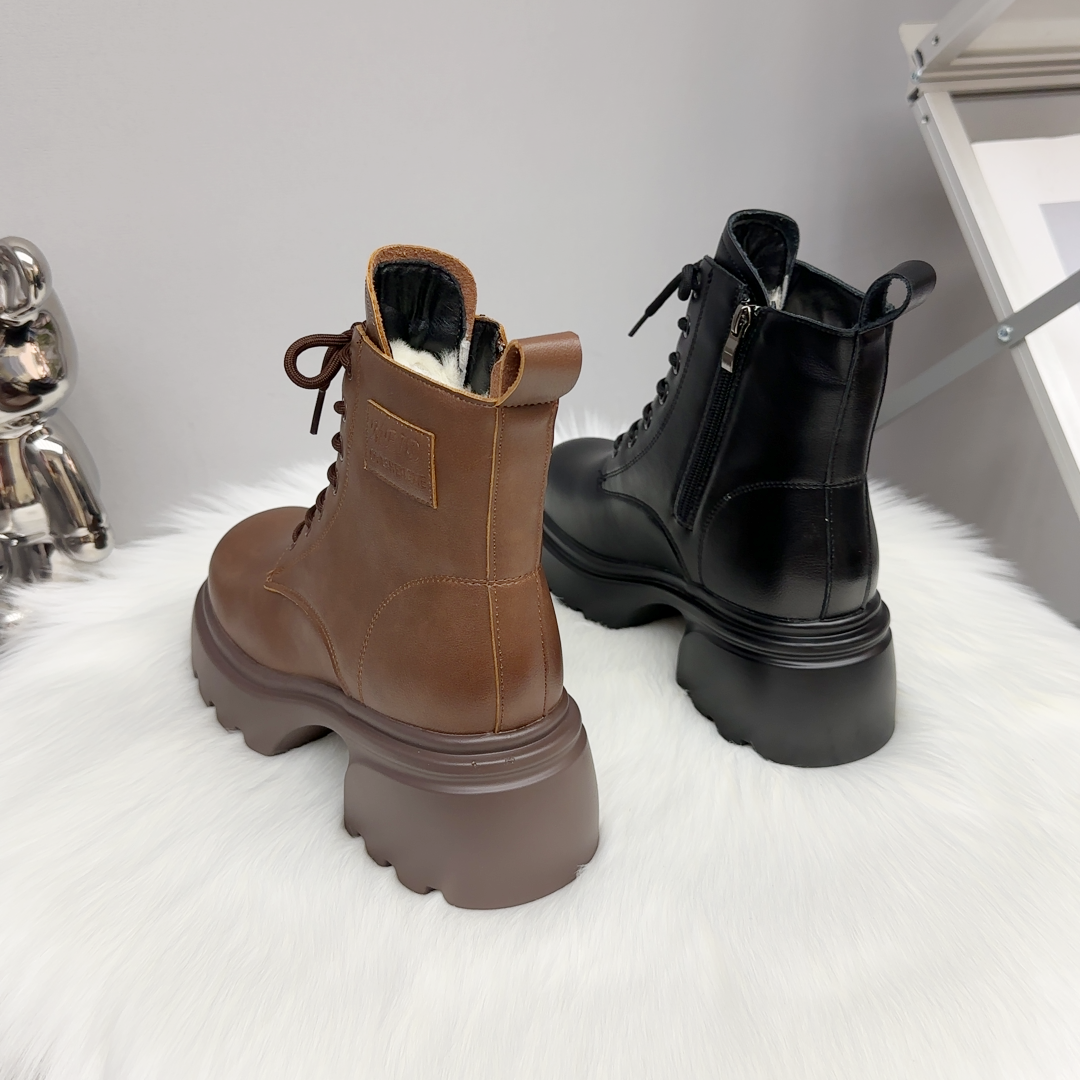 真羊羔毛马丁靴女真皮短筒靴2024年英伦风厚底防水台瘦瘦靴绑带靴,女鞋,马丁靴,淘宝优惠券,粉丝福利购,淘宝优惠卷