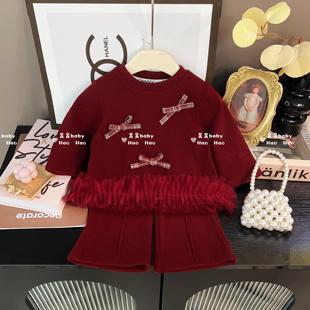 女童套装红色新年衣服过年装冬季加绒洋气喜庆女宝拜年服两件套