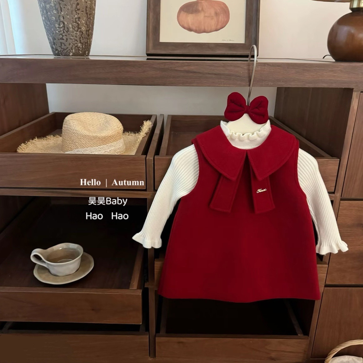 女童中国红毛呢公主裙过年新服