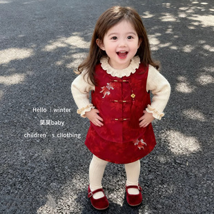 女童新春加绒旗袍马甲上衣半身裙喜庆过年套装女宝新年战袍两件套