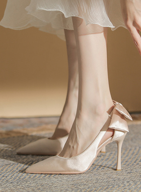 法式设计感小众白色小码高跟鞋婚鞋婚纱镂空尖头软大码单鞋41一43