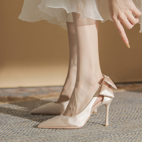 婚鞋设计感小众绸缎面蝴蝶结大码