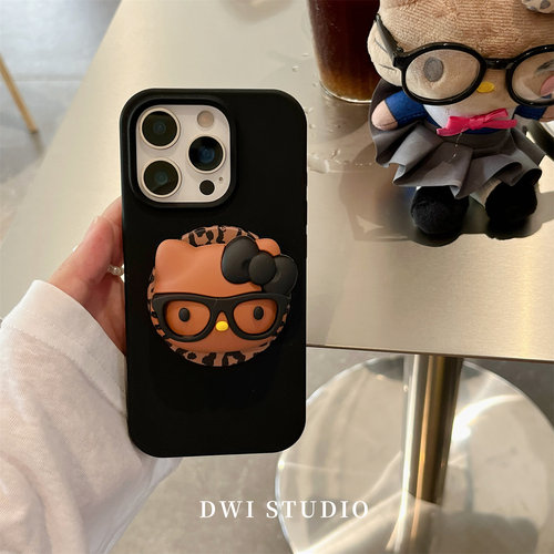 黑皮豹纹立体Kitty磁吸支架壳