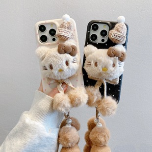 毛绒手机壳皮革纹适用苹果16PRO帽子KTiphone13/14防摔软壳保护套