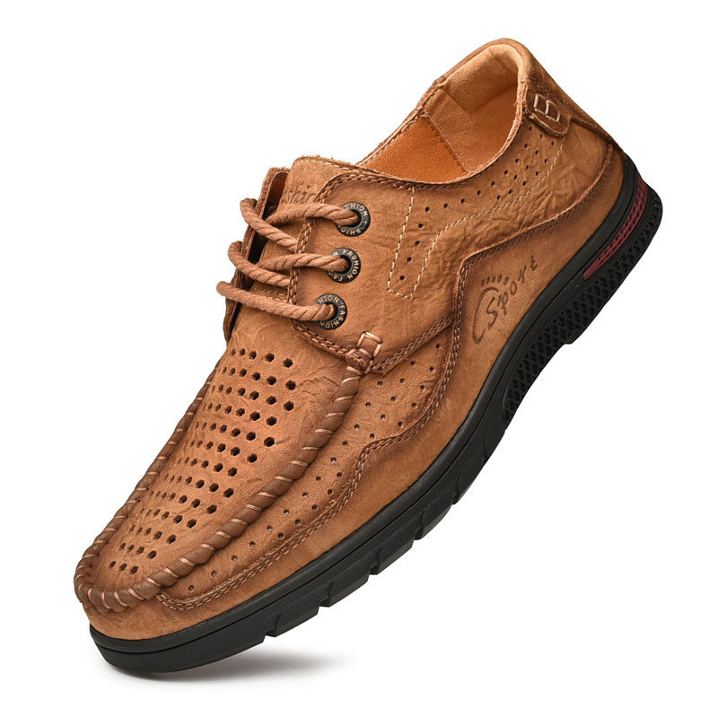 公牛男鞋夏季镂空网眼皮鞋男真皮软底透气洞洞鞋男士休闲皮鞋
