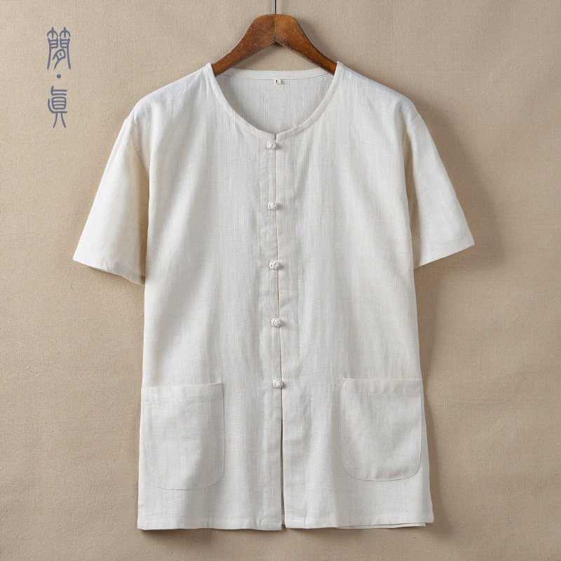 亚棉麻唐装男短袖衬衫圆无领夏薄款盘扣中老年汗衫上衣宽松爸爸装