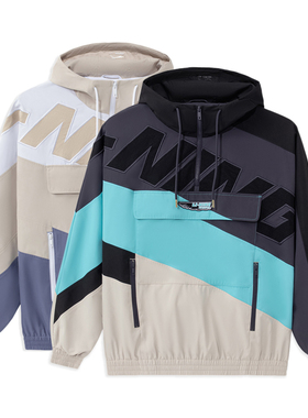 李宁运动风衣男2022新款大LOGO贴布刺绣拼色宽松连帽外套AFDS031