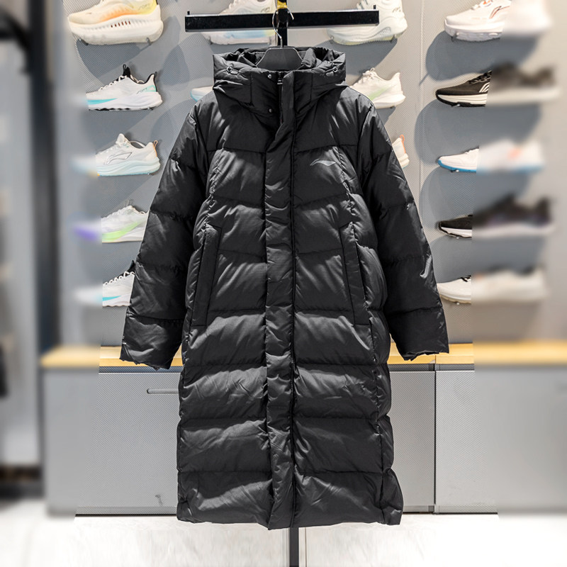 李宁羽绒服男长款2025新款防泼水80%鸭绒保暖连帽过膝外套AYMV217