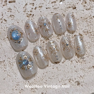 WooHoo Vintage小红书雪花烫金美甲贴片ins风手工穿戴甲定制