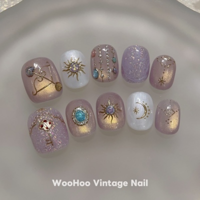 WooHoo Vintage·瑶光揽月·原创设计手工穿戴甲短款手绘穿戴甲