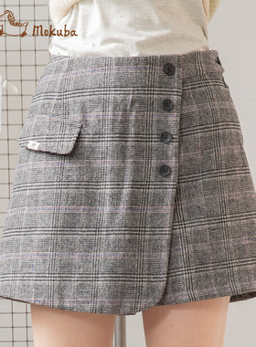 花木马春秋女装日系高腰宽松格子A字版型裙裤阔腿裤1A26151