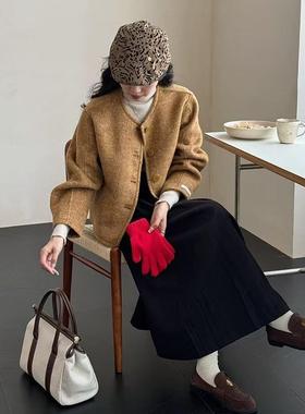 花木马双面呢绵羊毛小个子短款休闲大衣毛呢外套1S28101