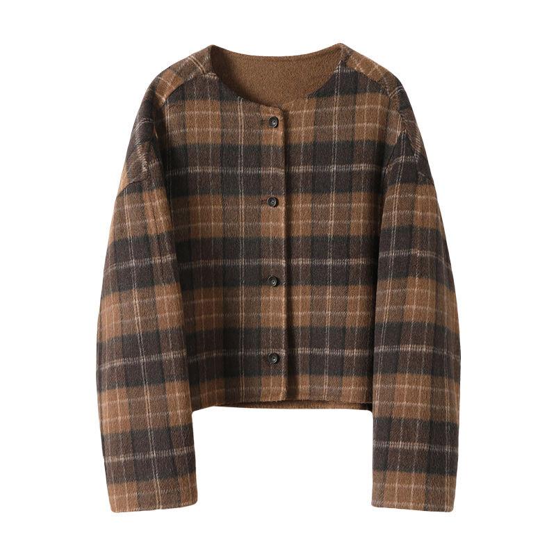 格子短款双面羊毛宽松外套小香风